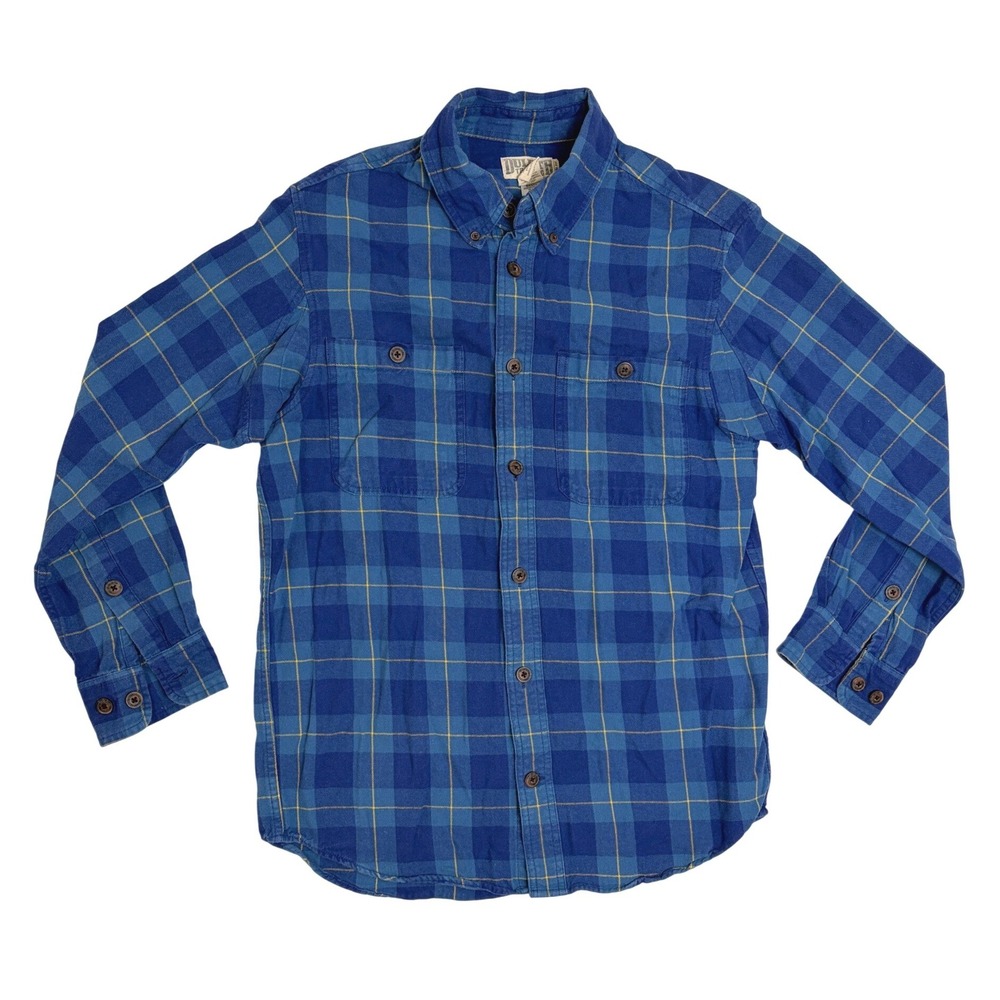 Duluth Trading Co Mens Blue Yellow Plaid Trim Fit Button Down Shirt Medium 64507